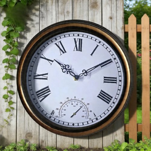 Đồng hồ treo tường phong cách cổ điển 12 inch chống nước cho trong nhà và ngoài trời, có nhiệt kế (Quartz)