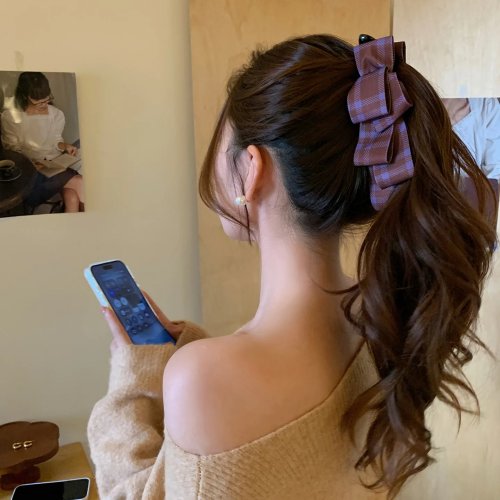 Klip pisang Kelu Li motif kotak ungu untuk wanita — jepit rambut vertikal untuk ekor kuda