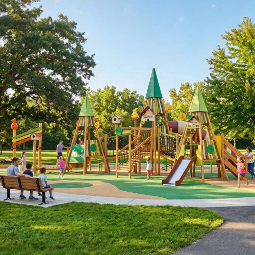 Structure de jeu en bois avec toboggan et maisonnette – Aire de jeux extérieure thème forêt pour enfants