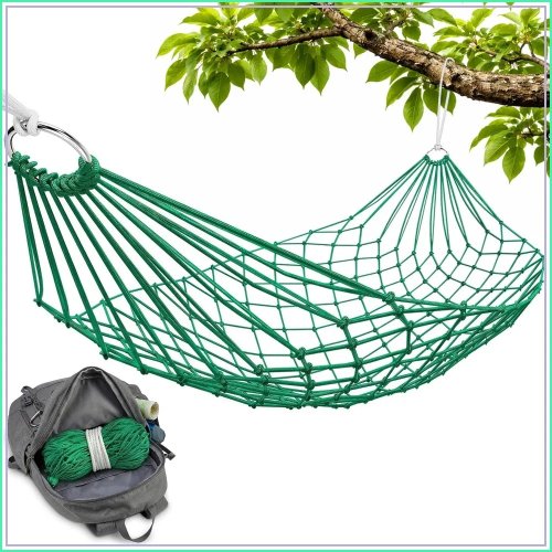 Hammock jaring ringan untuk camping & pekarangan, 370 g, kapasitas hingga 100 kg, tanpa rangka, hijau