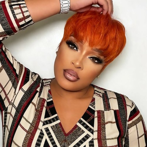 Peluca de cabello humano color 350 naranja jengibre, corte pixie lacio, corto a capas con fleco, hecha a máquina para mujer