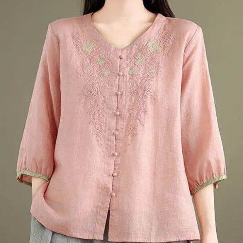 Blouse élégante brodée en coton-lin, style «mom» pour l'été, manches 3/4 fines, respirante, coupe ample d'inspiration chinoise