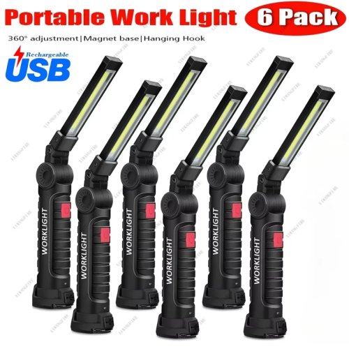 مصباح عمل محمول LED COB قابل للشحن عبر USB، مصباح فحص مع خطاف مغناطيسي، يعمل كـ باور بانك، بطارية 18650