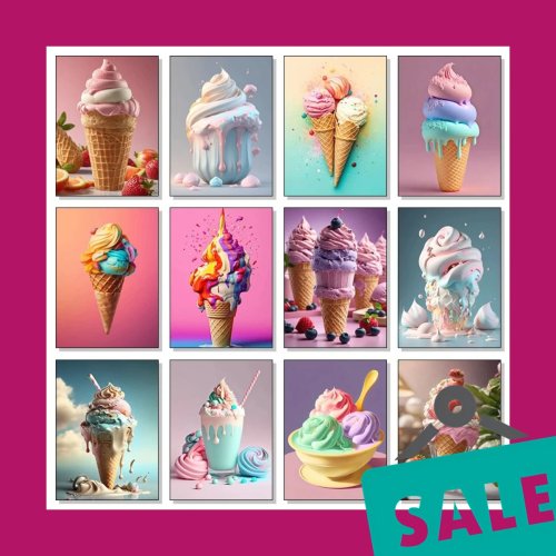 Полотно без рамки «Scoops & Sips» — Акварель: морозиво та напої, декор для ресторану, крамниці десертів та дому