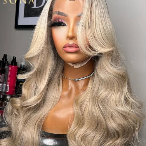 Peluca de cabello humano Lace Frontal 13x4/13x6 – Rubio ceniza con flequillo, ondulada o lisa, encaje transparente