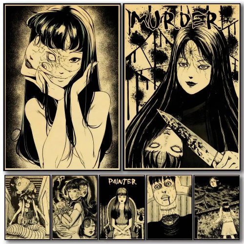 Vintage poster Junji Ito 'Tomie' — retro horror kunstprint voor slaapkamer en woonkamer, wanddecoratie, cadeau