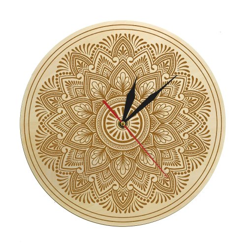 Jam dinding kayu motif mandala bunga — dekorasi boho rustic spiritual untuk meditasi