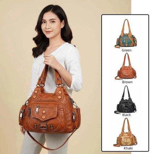 Sac cabas rétro noir en cuir texturé — plusieurs poches, finition contrastée, imperméable, grande capacité