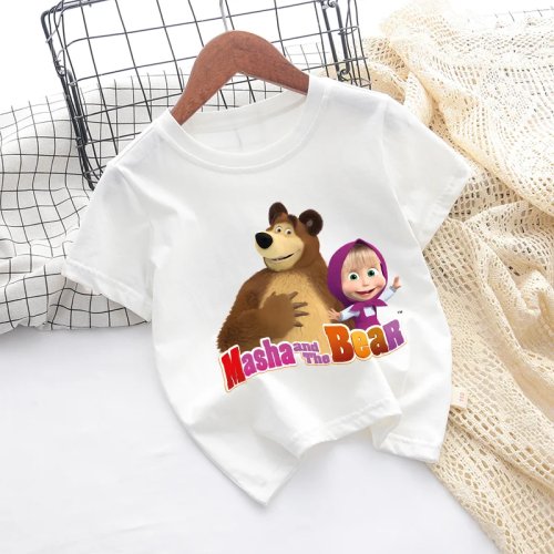 T-shirt bambino/a Masha e Orso bianca manica corta estiva, stampa cartone animato, idea regalo compleanno