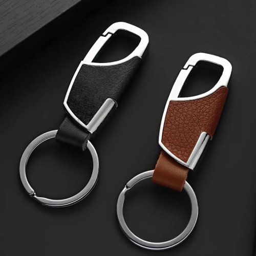 Men's car keychain — metal & faux leather keyring with belt clip, stylish key fob — car key gift