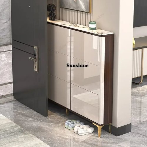 Light‑luxury ultra‑thin wall-mounted shoe cabinet — modern narrow entryway shoe storage, wood & metal, self-assembly