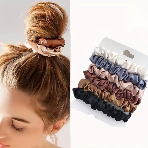 Bộ 6 dây buộc tóc co giãn màu trơn — băng đô/đai tóc đơn giản cho tóc đuôi ngựa cao