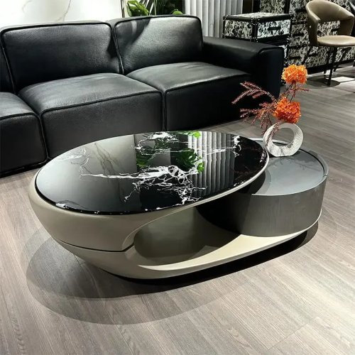 Mesa de centro oval em mármore com base em madeira maciça — mesa de chá moderna e de luxo para a sala