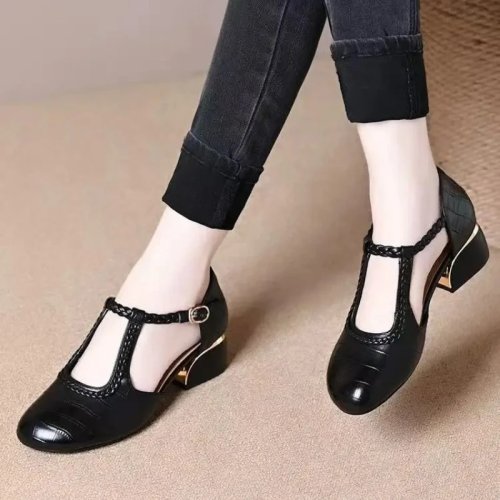 Sandalias romanas de piel para mujer — verano, tacón ancho, puntera cerrada, casual