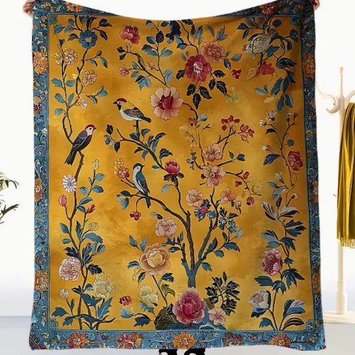 Manta de pelúcia vintage com padrão de flores e pássaros, flanela macia, para todas as estações, multiusos para sofá, cama, escritório, carro e campismo — decoração aconchegante