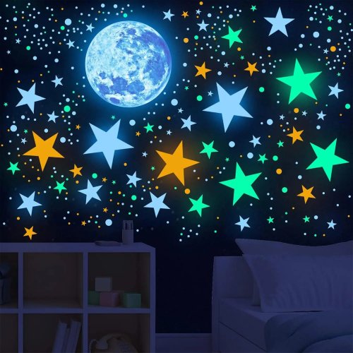 Pegatinas de estrellas y luna que brillan en la oscuridad para pared y techo — adhesivos galaxia de colores para dormitorio infantil