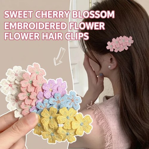 Pinza para el cabello bordada con flor de cerezo en tonos pastel, tela tejida — para niñas, fotos y uso diario