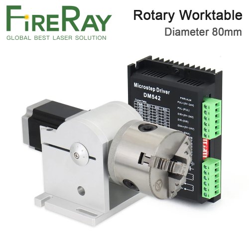 80 mm draaikop/spantafel (chuck) voor werktafel + DM542 stappenmotorstuur — Rotatie-opzet voor 1064 nm fiber laser graveermachine