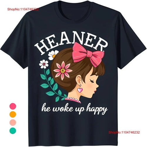 Áo phông nữ đen 'HEANER' in hình cô gái hoạt hình 'He Woke Up Happy' — phong cách washed vintage, streetwear, thoáng mát, casual