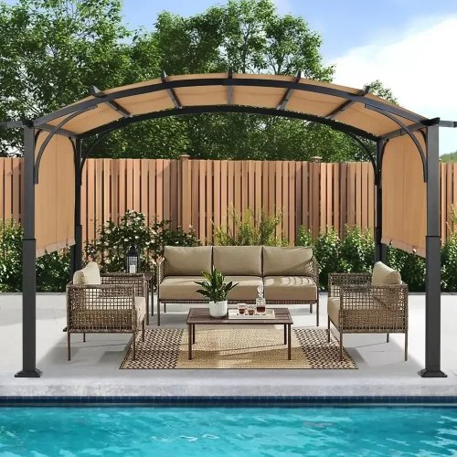 Gebogene Gartenpergola 3 x 3,66 m mit beigem, ausfahrbarem Sonnendach