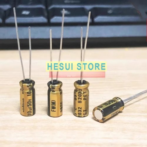 ตัวเก็บประจุอิเล็กโทรไลต์สำหรับเสียง NICHICON FW "Yellow Gold" 10 µF 50 V (5×11 มม.)