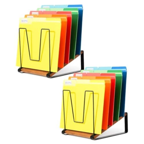 Organisateur de dossiers de bureau incliné 5 compartiments, range-documents vertical en métal avec socle en bois pour bureau