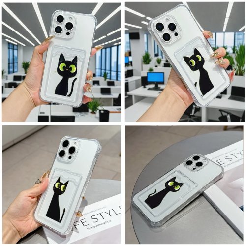 غطاء شفاف ناعم مع جيب بطاقة بتصميم قطة ذات عيون كبيرة، متوافق مع iPhone 11–17 (Mini/Plus/Pro/Pro Max/XR)