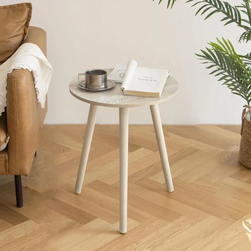 Moderner runder Beistelltisch, kleiner Wohnzimmertisch mit Holz-Akzent und Massivholz-Beinen, ideal für kleine Räume