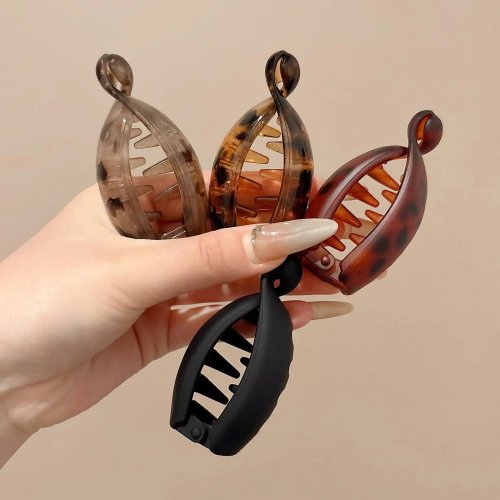 Small Banana Hair Clips 4PCS — Cute Oval Claw Clips (Black, Gold, Leopard) Non‑Slip for Ponytails, Buns, Curly & Thin Hair
