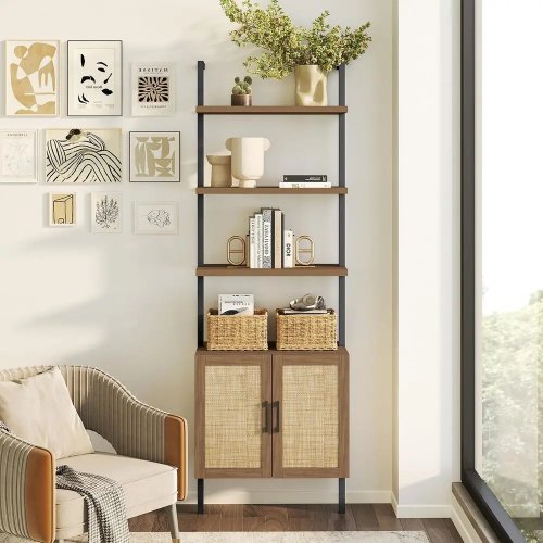 Estantería de ratán 5 niveles, 73 de alto, estilo boho, baldas ajustables, nogal — para salón/dormitorio/oficina