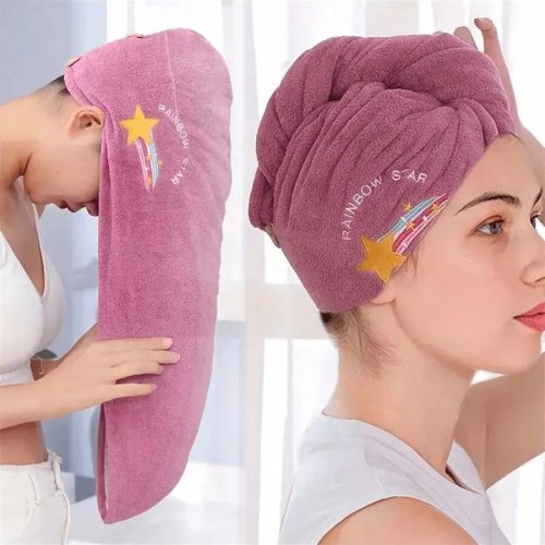 刺繍入りコーラルフリース ヘアドライキャップ — 厚手で吸水性・速乾の女性用ヘアタオル