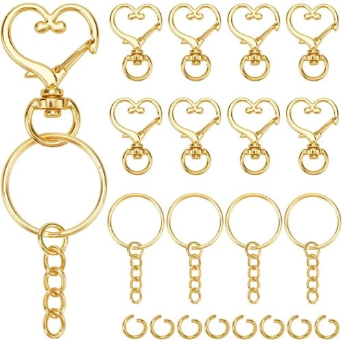150er-Set Herz-Schwenkhaken für Schlüsselanhänger – goldfarbene Metall-Snap-Haken mit Feder, Splitringe & Ketten
