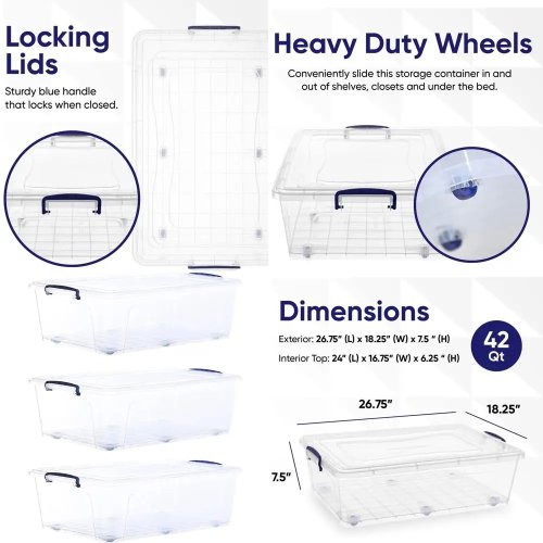 Pack de 3 cajas de almacenaje transparentes apilables con ruedas - Grandes cajas para ropa, ropa de cama y más