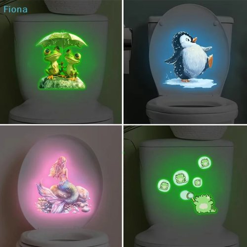 Stiker Toilet/ Dinding Menyala dalam Gelap – Katak & Penguin Kartun, Perekat Mandiri, Lepas-pasang