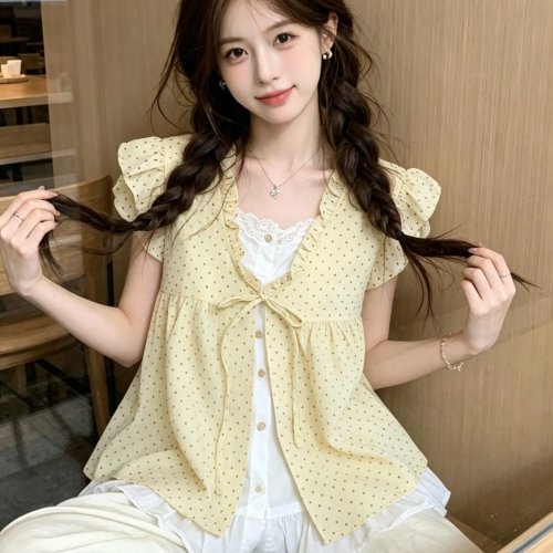 Blusa feminina de verão às bolinhas com laço, estilo coreano slim, mangas curtas com folho, poliéster