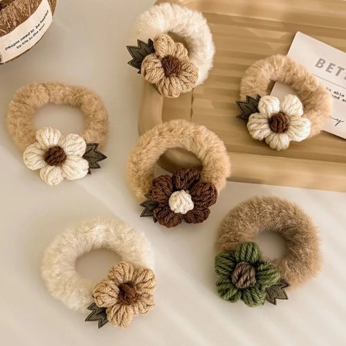 Gestricktes Blumen-Scrunchie mit Plüsch – warmer Haargummi für hohen Pferdeschwanz, Damen & Mädchen, Neujahrs-Geschenk