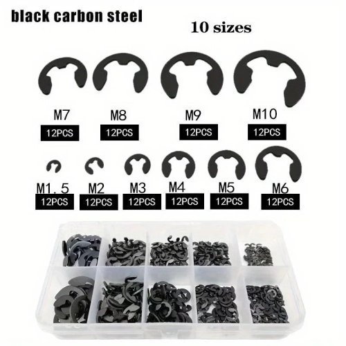 Conjunto 120 pcs circlips/anéis de retenção e E-clips em aço inox preto para eixos M1,5–M10