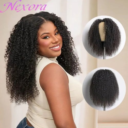 Nexora półperuka Kinky Curly 1B czarny włosy naturalne, Naturalna objętość, Miękka puszysta faktura, Łatwe dopasowanie dla kobiet