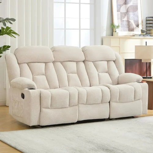 3‑Sitzer Relaxsofa aus Chenille mit Liegefunktion, Getränkehaltern, Seitentaschen und wandnaher (Wall‑Hugger) Bauweise – für Wohnzimmer/Heimkino/Schlafzimmer