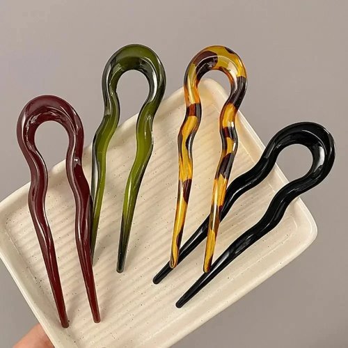 Garfo de cabelo em U em acetato tartaruga — palito geométrico para cabelo feminino
