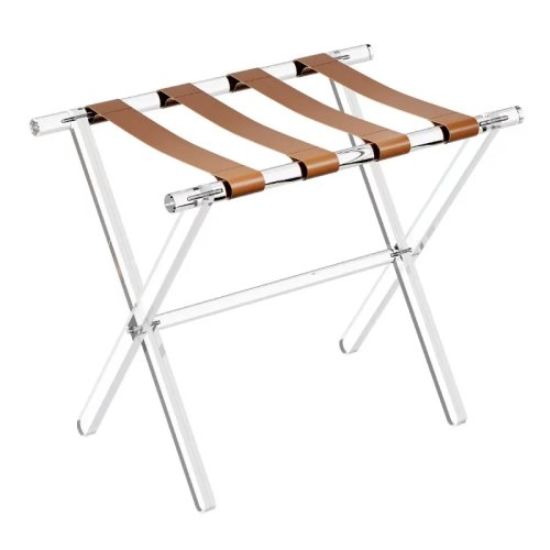Kệ để va li gấp bằng acrylic trong suốt kèm dây da — giá hành lý kiểu khách sạn, sang trọng nhẹ