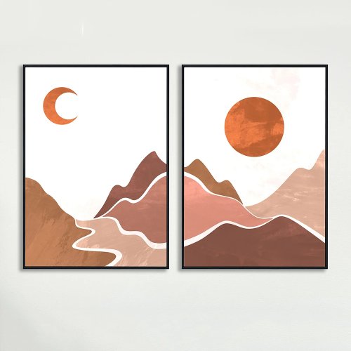 Poster abstrak retro Gunung & Sungai — pemandangan Matahari dan Bulan tanpa bingkai untuk ruang tamu
