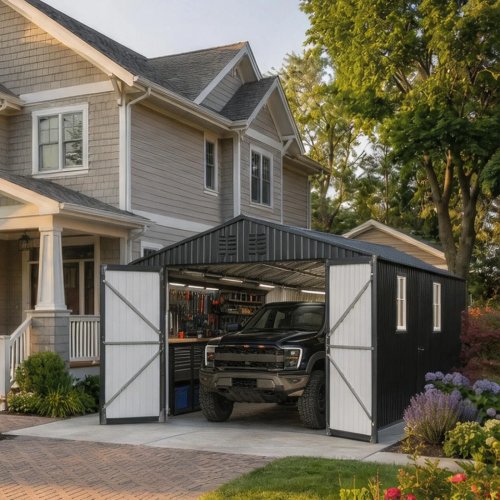 Carport/box metallico chiuso 12x20 ft (circa 3,66×6,10 m) — Capannone in acciaio resistente con tetto verticale per pick-up, riparo auto per ogni condizione meteo