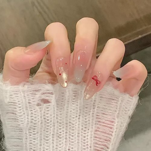 Kuku Palsu Press-On Nude Transparan bentuk Almond – Gradasi Natural, Foil Emas Serpihan, Pita Merah Mini Lukis Tangan, Titik Merah, Glitter Iridescent, Gaya Kawaii