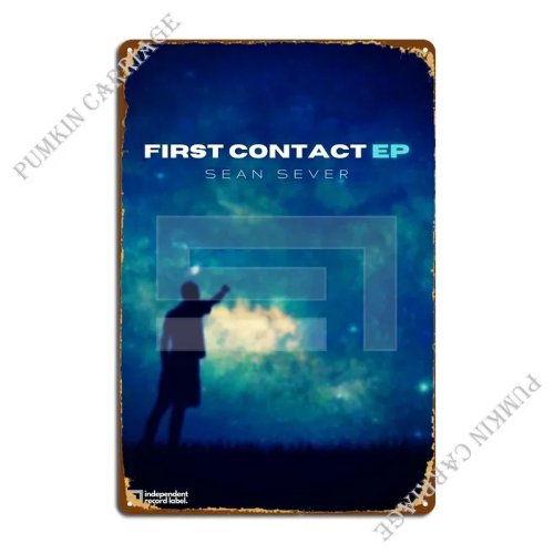Metalowa tablica „First Contact EP” — Retro dekoracja ścienna, blaszany plakat do garażu