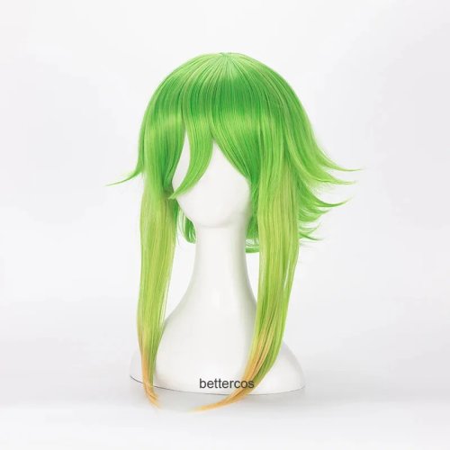 Peluca cosplay Nene 2025 Vocaloid Megpoid Gumi 45 cm ombré verde-dorado, corta en capas, esponjosa, sintética resistente al calor