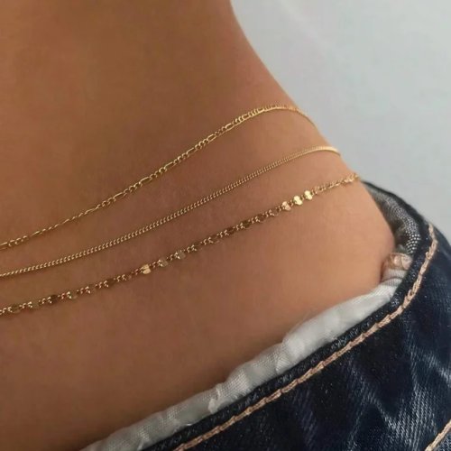 Set van 3 platte slangenkettingen in 925 zilver, verstelbare taille-/buikketting — lichaamsketting voor dames, voor strand/zomer en dagelijks gebruik