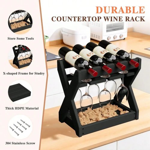 3-in-1 HDPE wine rack, X-shaped stable construction with 304 stainless steel fittings, holds 4 bottles + 6 wine glasses
