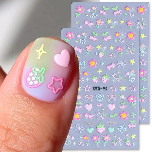 2pcs Sweet Nail Art Stickers — Flower, Heart, Cherry, Strawberry, Bow & Butterfly Colorful Manicure Decals
