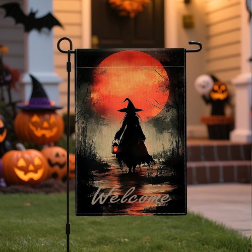 Flaga ogrodowa na Halloween z czarownicą z lasu, wisząca, druk dwustronny, efekt lnu - dekoracja zewnętrzna